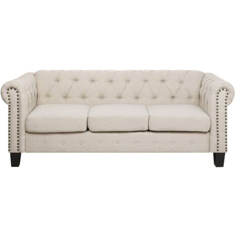 Canapé 3 Places en Tissu Beige Assise Rembourrée Large Dossier Points Chesterfield