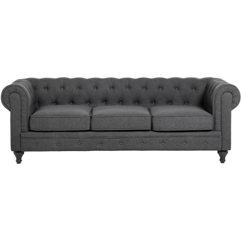 Beliani - Canapé 3 Places en Tissu Gris Assise Rembourrée Large Dossier Points Chesterfield