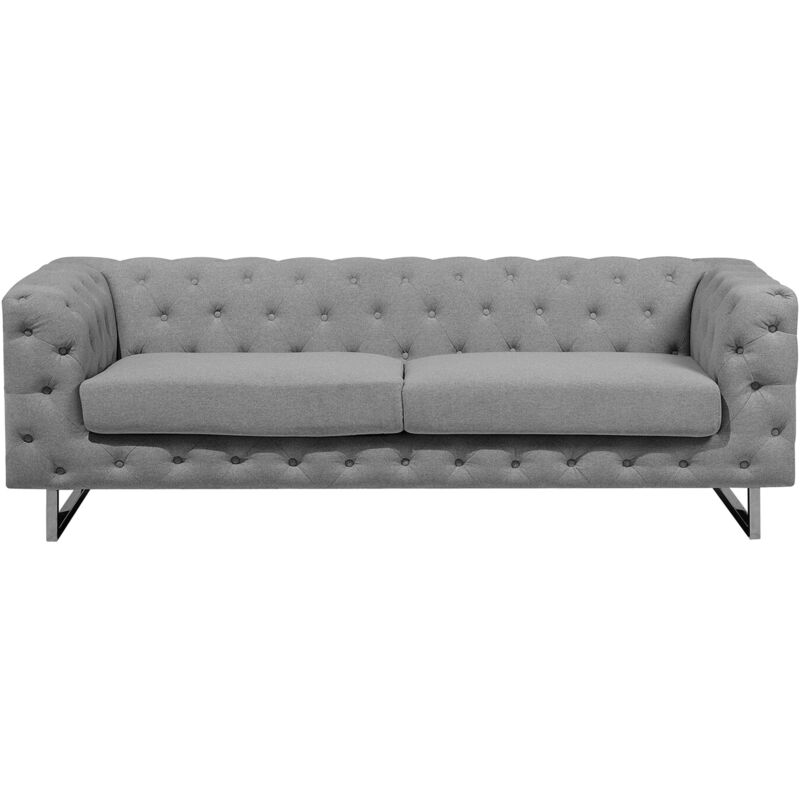 Beliani - Canapé Fixe 3 Places Style Chesterfield Capitonnés en Tissu Gris Clair avec Pieds en Acier Inox Top Tendance pour Salon Chic et Glamour