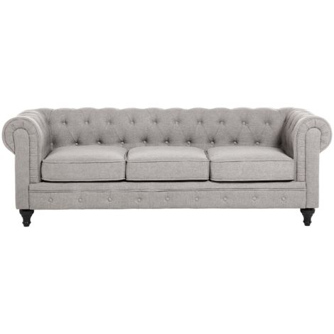 Canapé 3 Places en Tissu Gris Clair Assise Rembourrée Large Dossier Points Chesterfield