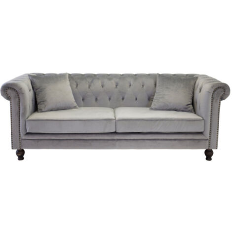 Canapé 3 Places en Velours "Chesterfield" 217cm Gris Clair