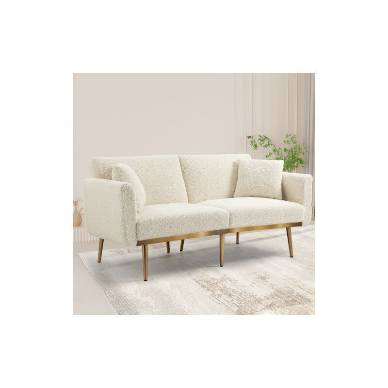 Wishdor - Canapé 2 places, canapé en peluche avec dossier réglable en 3 directions, pied en métal, blanc