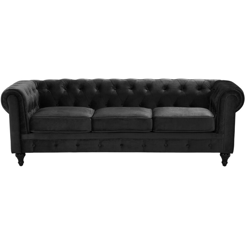 Beliani - Canapé 3 Places en Velours Noir Assise Rembourrée Large Dossier Points Chesterfield