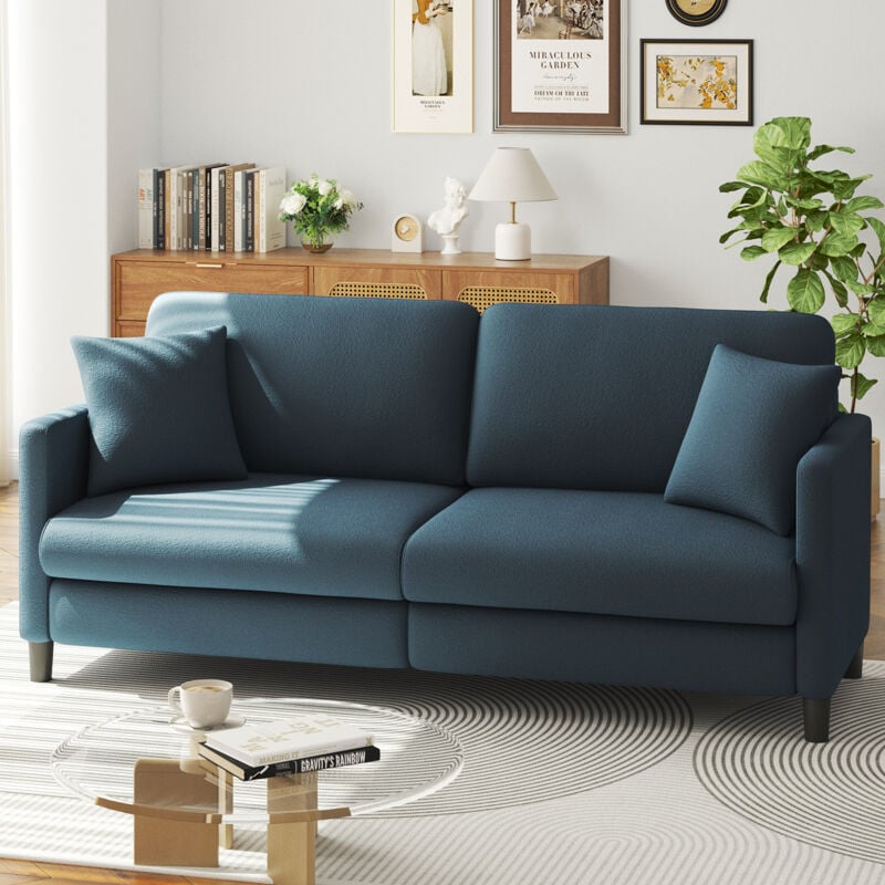 Canapé 3 Places en Velours Teddy,Canapé Droit Confort en Bois Massif,Loveseat avec Accoudoirs,193 x 79 x 89cm,Bleu Gris