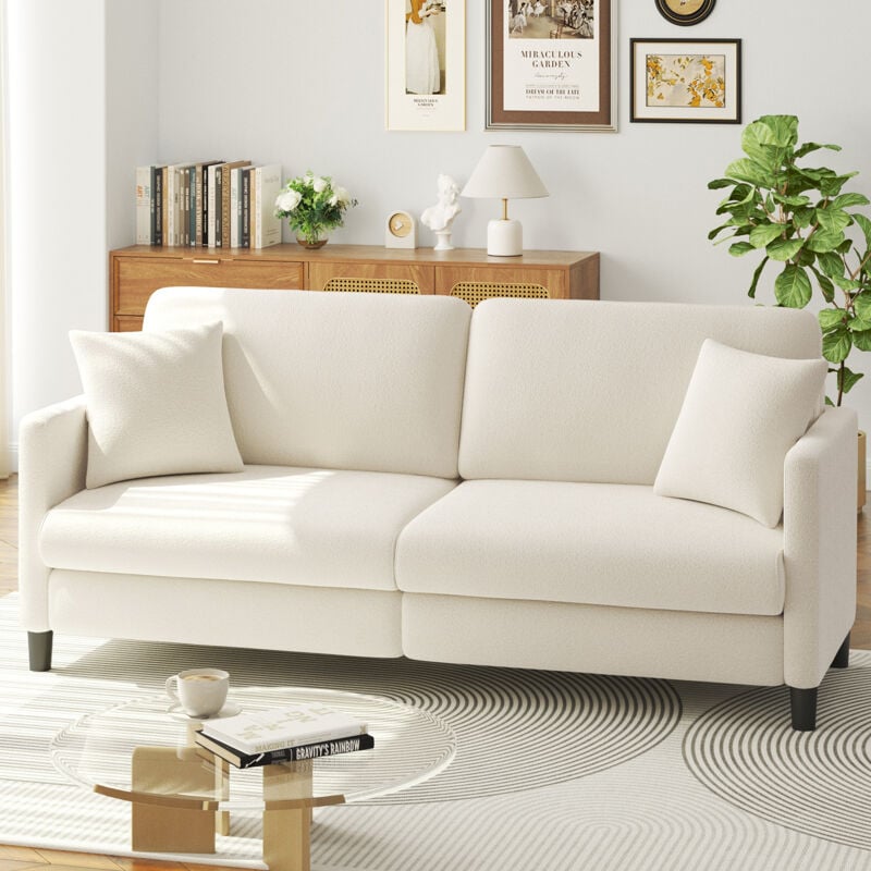 Keepbuying - Canapé 3 Places en Velours Teddy,Canapé Droit Confort en Bois Massif,Loveseat avec Accoudoirs,193 x 79 x 89cm,Beige