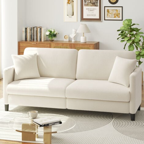 KEEPBUYING Canapé 3 Places en Velours Teddy,Canapé Droit Confort en Bois Massif,Loveseat avec Accoudoirs,193x79x89cm,Beige