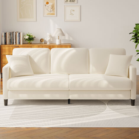 Canapé 3 Places en Velours Teddy,Grand Canapé Droit Confort en Bois Massif,Loveseat avec Accoudoirs,210 x 79 x 89 cm,Beige