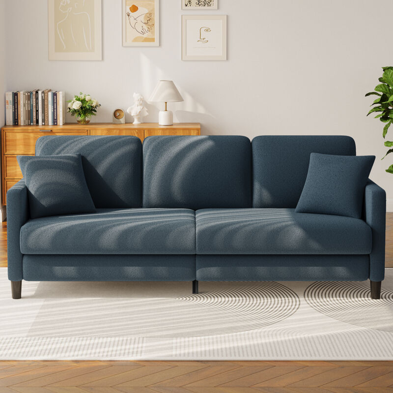Keepbuying – Canapé droit 3 places en velours teddy – Confort optimal avec accoudoirs – Bois massif – Dimensions 210 x 79 x 89 cm – Bleu gris