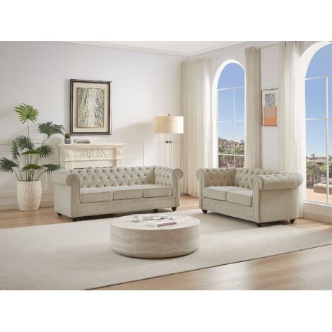 Canapé 3 places et 2 places en velours beige CHESTERFIELD