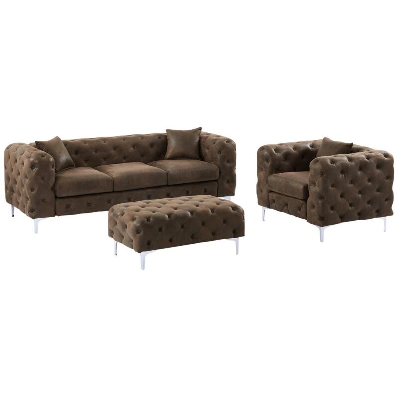 Vente-unique - Canapé 3 places, fauteuil et pouf chesterfield en microfibre aspect cuir vieilli edwina