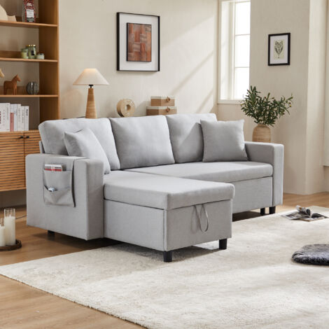 Canapé 3 places forme de L convertible multifonction rangement lin gris (Sans matelas)