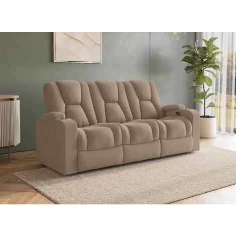 Canapé 3 places relax électrique en tissu microfibre beige EL CLARENCE