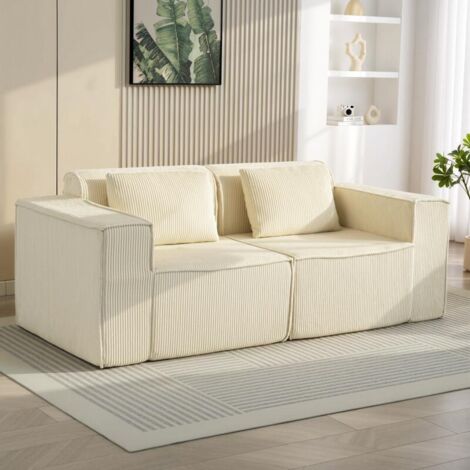 Canapé 3 places, structure en mousse souple, accoudoirs larges, 2 coussins, tissu velours côtelé, beige.