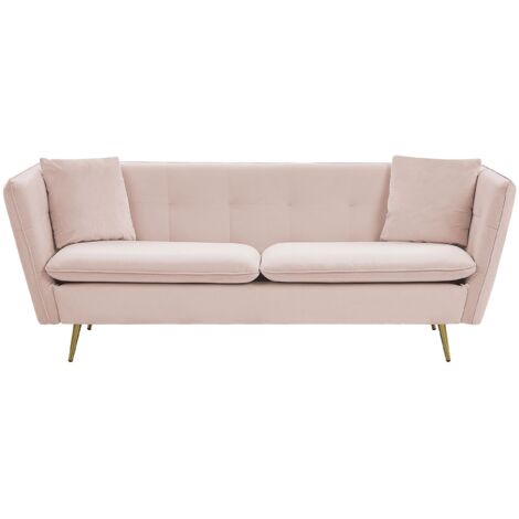 Canapé 3 Places Tapissé en Velours Rose avec Dossier Capitonné et Pieds Métalliques Dorés Idéale pour Salon au Style Glamour et Rétro Beliani