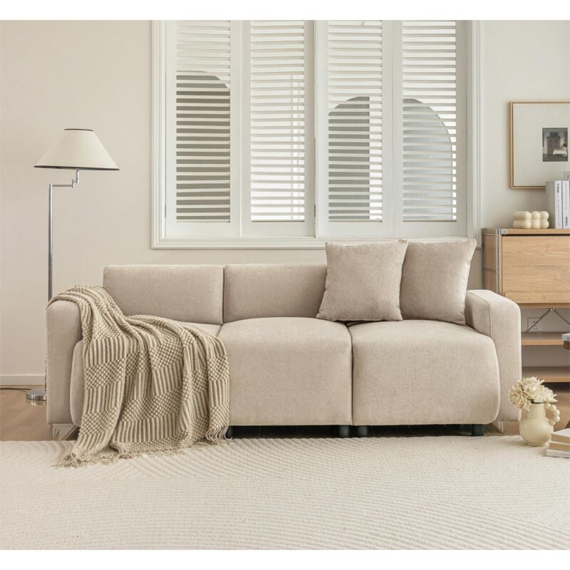 Modernluxe - Canapé 3 places Tissu en Chenille avec 2 coussins - couchage 211cm - Beige