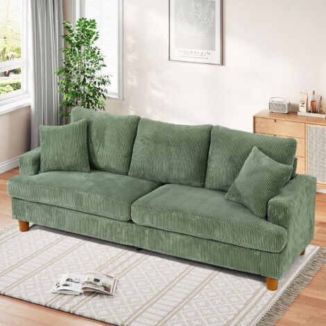 Canapé 3 Places Tissu en Velours Côtelé Luxe avec 2 Oreillers,Grand Canapé Droit Rembourré Confortable,220L x 76P x 84H cm,Vert