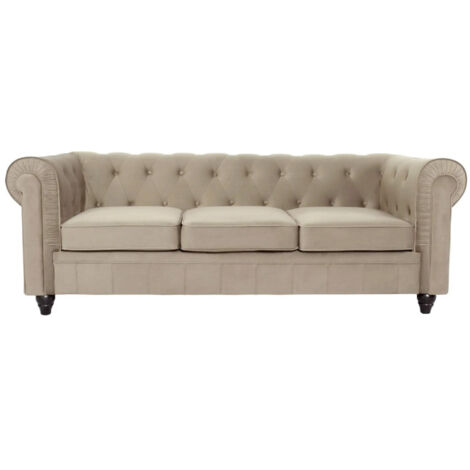 Canapé 3 Places Velours "Chesterfield" 209cm Taupe