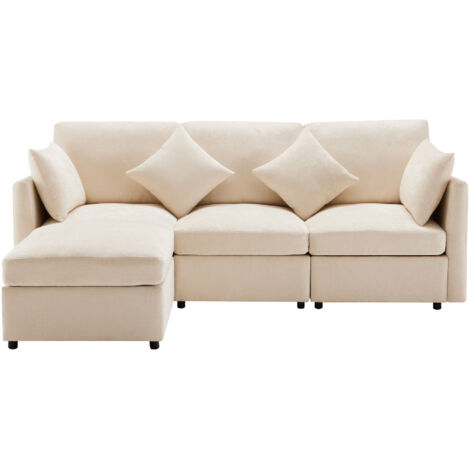 Canapé 4 Places 216x161x81 Cm En Chenille Beige, Méridienne Modulable Avec Pouf Et 4 Coussins