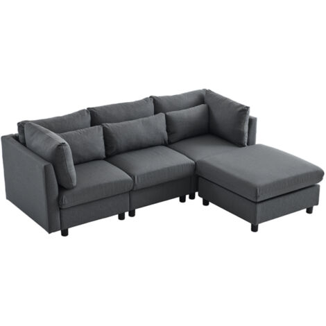 Canapé 4 Places 220x83x81 Cm En Tissu Lin-coton Gris Avec Chaiselongue Modulable Et Pouf