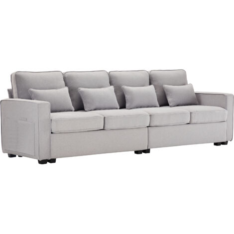 Canapé 4 places - 264x83x87 cm - avec accoudoirs et 4 coussins - tissu lin - Gris