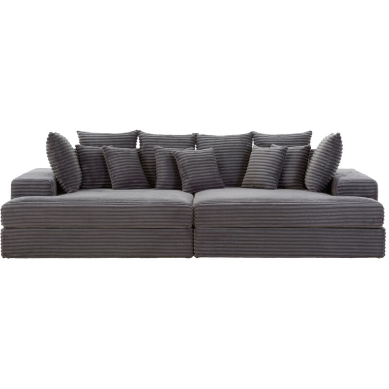 Concept-Usine – Canapé droit 4 places en velours côtelé gris anthracite – Assise profonde 115 cm – Structure en bois massif d'eucalyptus – Coussins