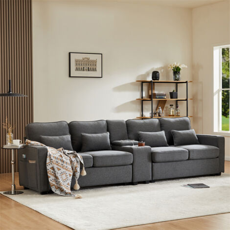Canapé 4 places avec console, 2 porte-gobelets, 2 ports USB, 4 coussins,  290x83x88cm, en tissu lin, gris foncé