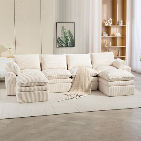 Canapé 4 places (avec repose-pieds), en velours côtelé, avec coussins et poches latérales, rembourrage en mousse et ressorts, beige