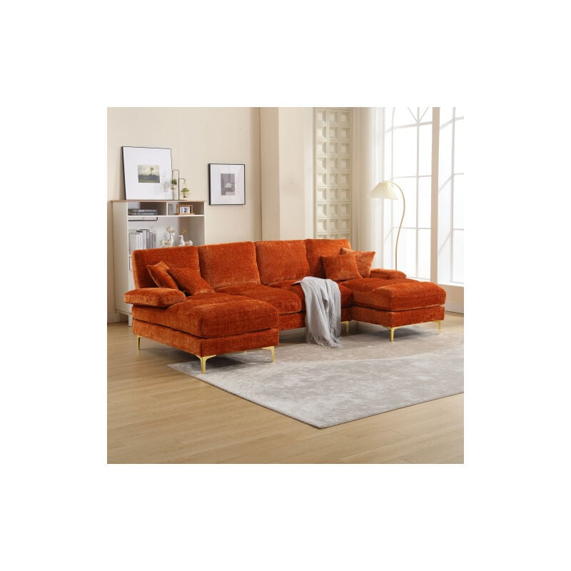 Wishdor - Canapé 4 places Canapé orange en chenille avec 2 sièges inclinables, pour salon, chambre, bureau, appartement, villa, salon