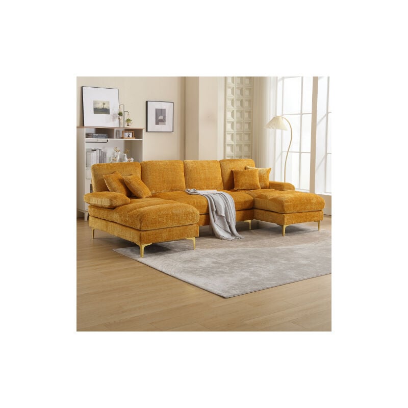 Wishdor - Canapé 4 places Canapé jaune moutarde en chenille avec 2 sièges inclinables, pour salon, chambre, bureau, appartement, villa, salon