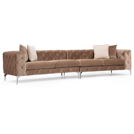 Canapé 4 places capitonné velours marron clair et pieds chromés Herakles 344cm