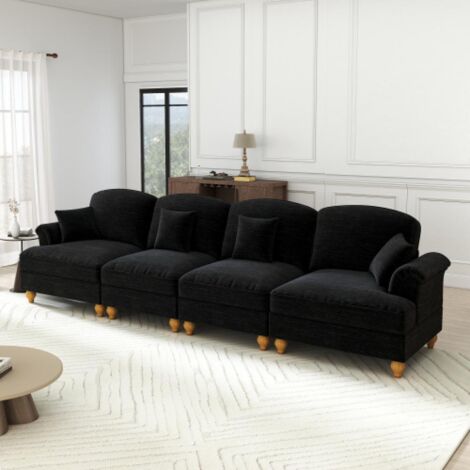 Canapé 4 places élégant style médiéval-moderne, accoudoirs évasés, volant amovible, pieds bois, tissu chenille