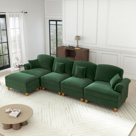 Canapé 4 places élégant style médiéval-moderne, accoudoirs évasés, volant amovible, pieds bois, tissu chenille