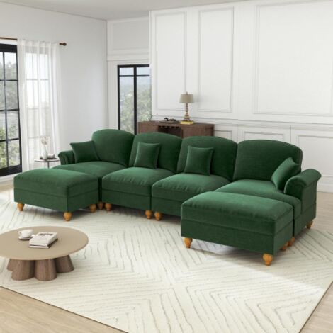 Canapé 4 places élégant style médiéval-moderne, accoudoirs évasés, volant amovible, pieds bois, tissu chenille