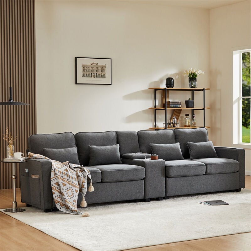 Fortuna Lai - Canapé 4 places avec console, 2 porte-gobelets, 2 ports usb, 4 coussins, 290x83x88cm, en tissu lin, gris foncé
