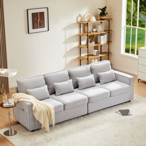 Canapé 4 places en tissu lin avec poches d'accoudoir et 4 coussins, canapé de style simple, adapté au salon, appartement, bureau