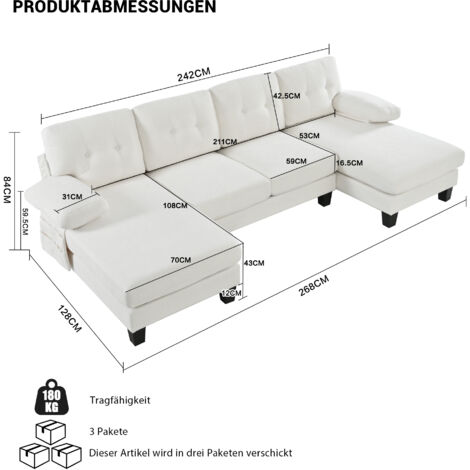 Canapé 4 places en U beige en chenille avec chaise longue. Dossier réglable convertible en lit d’invité pour salon et bureau.