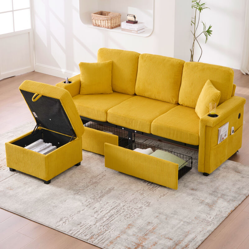 Canapé 4 Places en Velours côtelé avec Éclairage LED et USB-C,Repose-pieds de rangement,Porte-gobelets et 2 Tiroirs,Confort Jaune