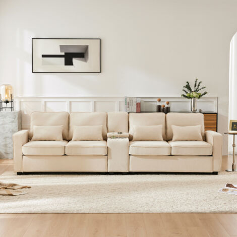 Canapé 4 Places Moderne en Tissu de Lin, Canapé avec Console, 2 Porte-gobelets, 2 Ports USB, Poches Latérales et 4 Coussins, Idéal Salon Appartement Bureau