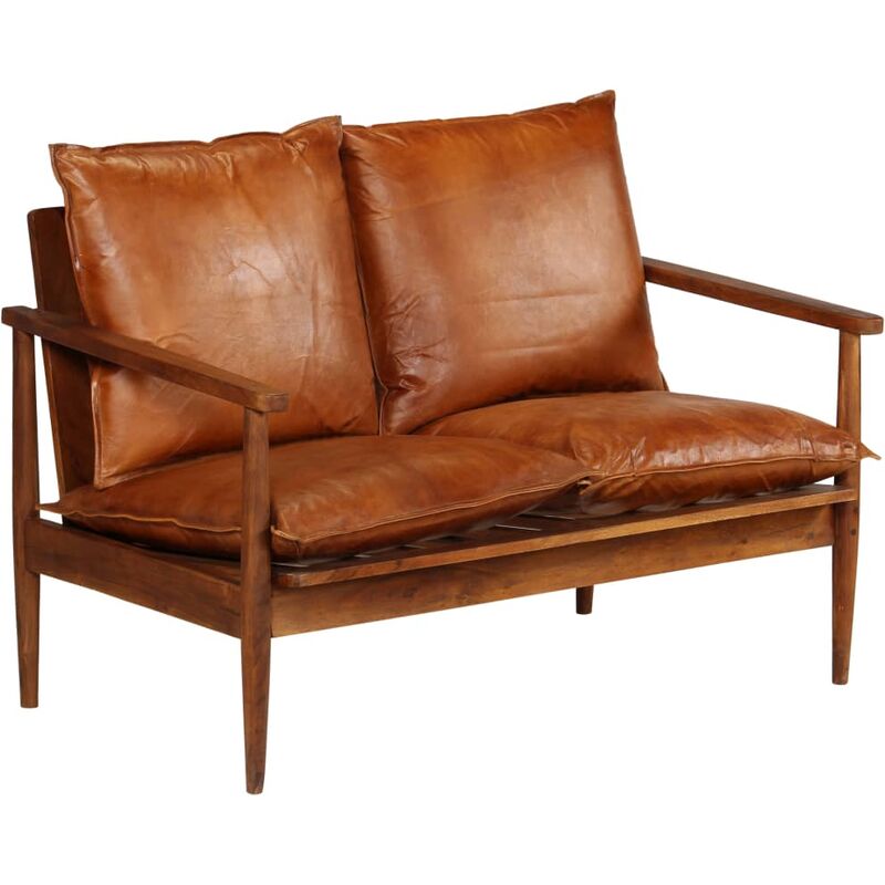Canapé à 2 Places Cuir Véritable avec Bois d'Acacia Marron