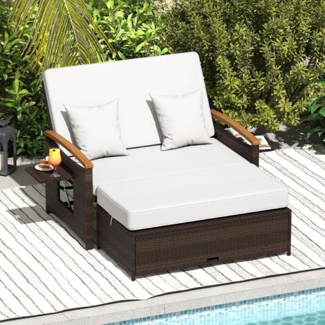 Canapé à 2 Places en Rotin avec Ottoman de Rangement et Coussins, Charge 360KG, Plateau Latéral Pliant, Dossier Réglable 4 Positions, Beige(Style B)