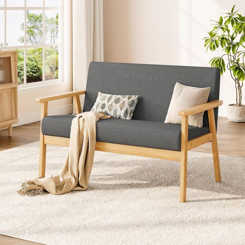 Yoleo - Canapé à 2 Places Scandinave en Tissu Lin,Banquette Fauteuil Salon Cadre en Bois,pour Petit espace,107L x 60l x 76H cm,Gris