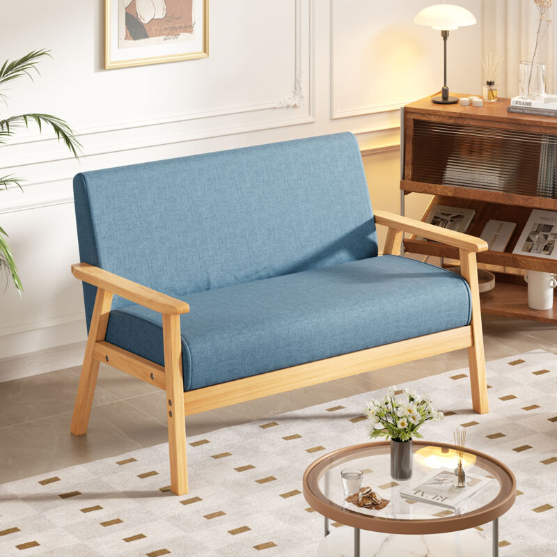 Yoleo - Canapé à 2 Places Scandinave en Tissu Lin,Banquette Fauteuil Salon Cadre en Bois,pour Petit espace,107L x 60l x 76H cm,Bleu
