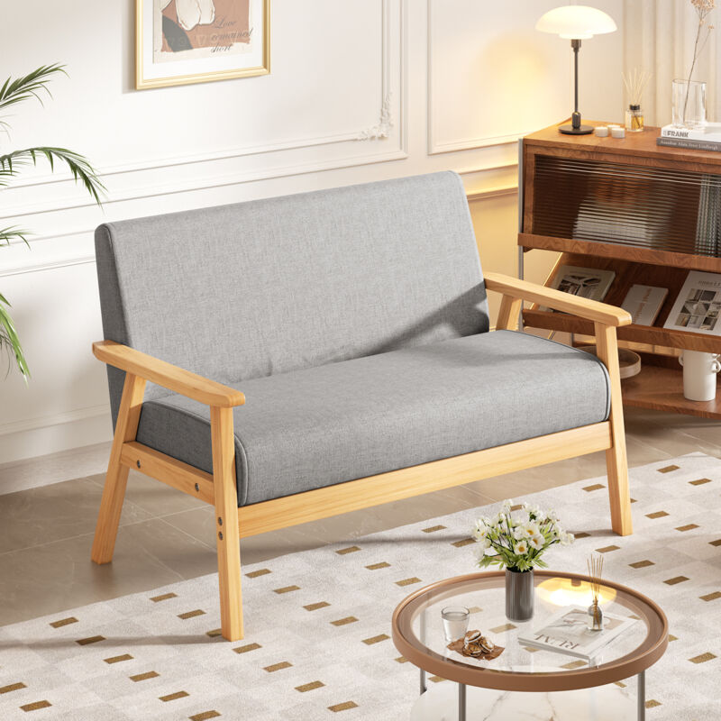 Yoleo - Canapé à 2 Places Scandinave en Tissu Lin,Banquette Fauteuil Salon Cadre en Bois,pour Petit espace,107L x 60l x 76H cm,Gris clair