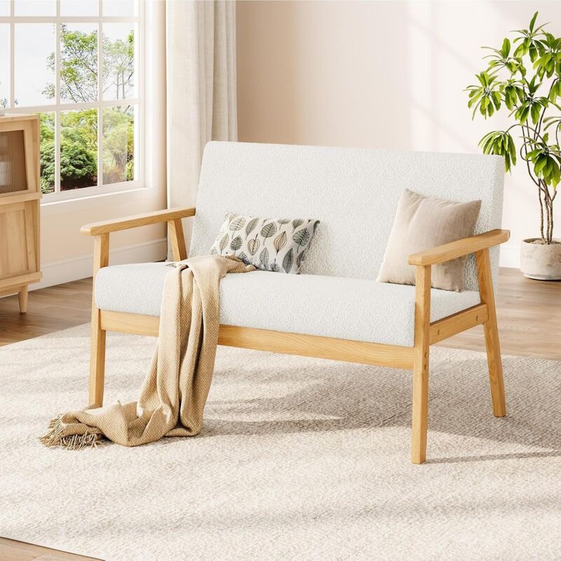 Yoleo – Canapé 2 places scandinave en velours teddy – Cadre en bois