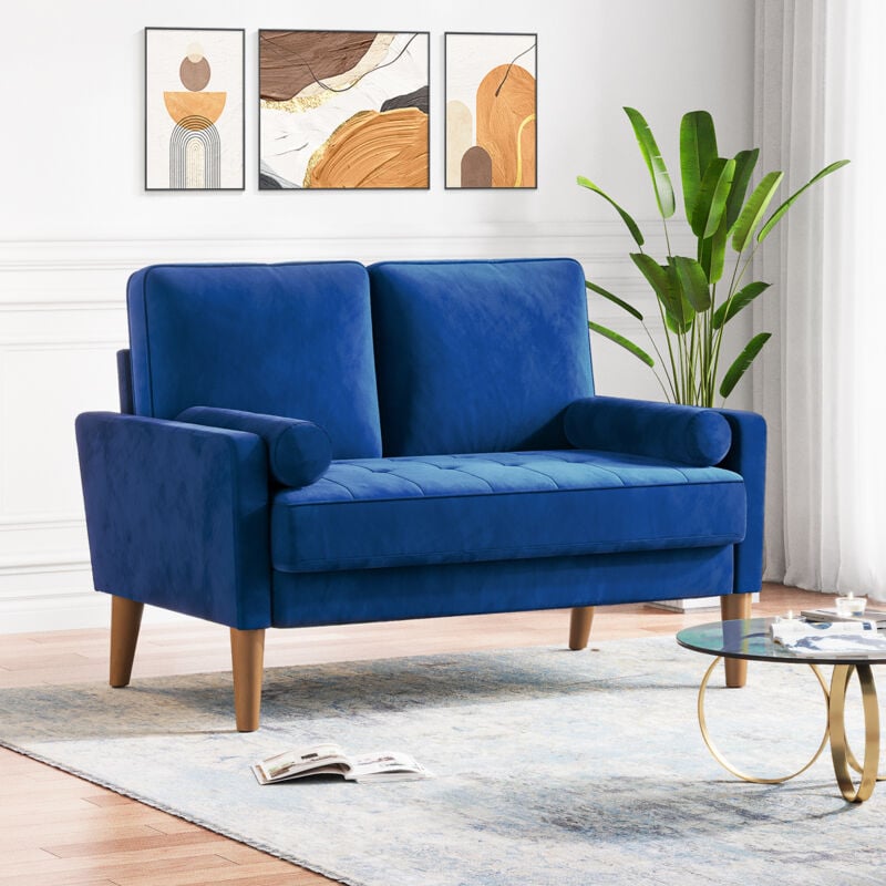 Yoleo - Canapé à 2 Places Scandinave,Mini Canapé à Bras Roulés en Velours Loveseat,Fauteuil Salon avec Accoudoirs,121x77x87cm - Bleu