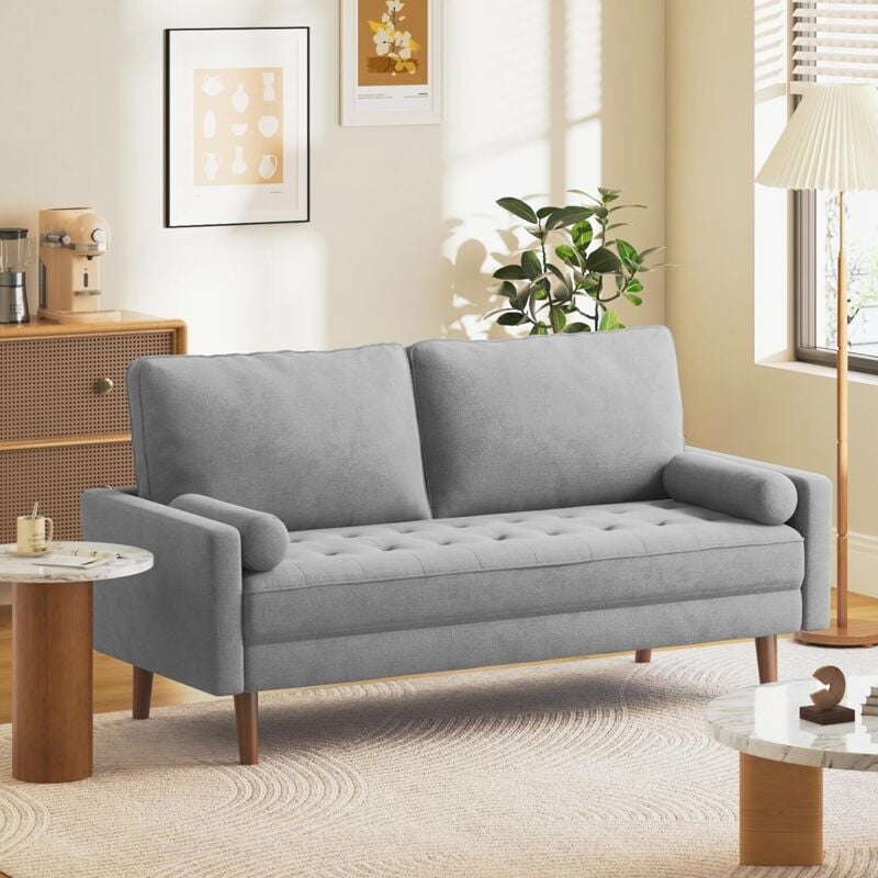 Keepbuying - Canapé droit 3 places Tissu en Lin Luxe Moderne,Coussin d'assise Capitonné,avec Accoudoirs,Pieds Bois Massif,173L x 77P x 84H cm,Gris