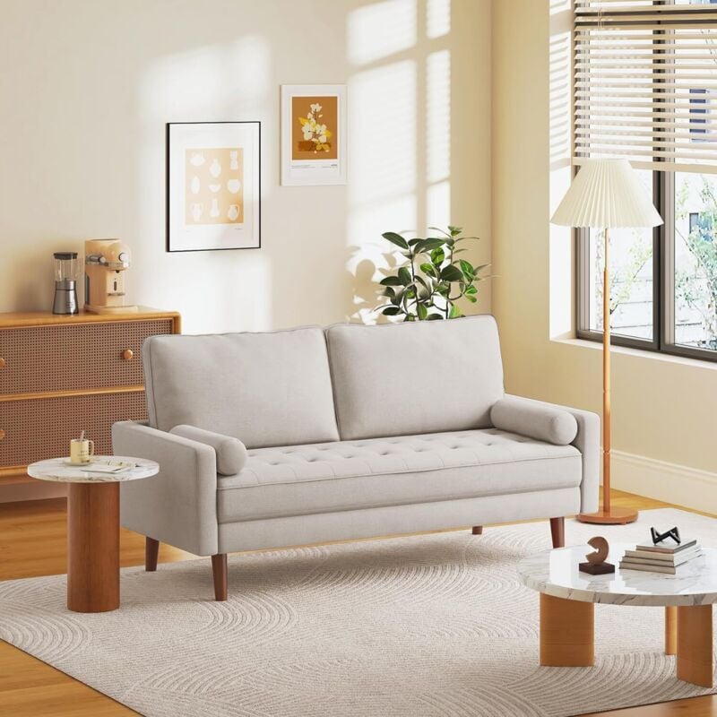 Keepbuying - Canapé droit 3 places Tissu en Lin Luxe Moderne,Coussin d'assise Capitonné,avec Accoudoirs,Pieds Bois Massif,173L x 77P x 84H cm,Beige