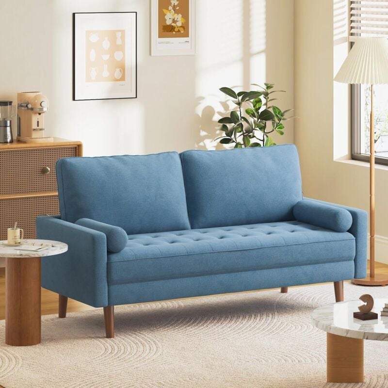Canapé droit 3 places Tissu en Lin Luxe Moderne,Coussin d'assise Capitonné,avec Accoudoirs,Pieds Bois Massif,173L x 77P x 84H cm,Bleu