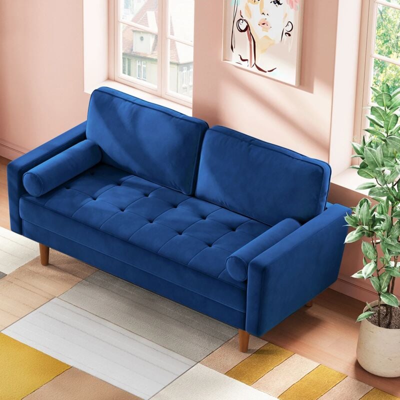 Canapé Droit 2 Places en Velours Moderne,Canapé à Bras Roulés,Loveseat avec Accoudoirs,148L x 78l x 85H cm,Bleu