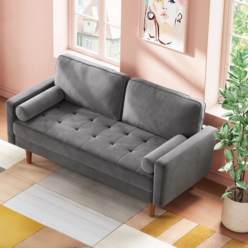 Keepbuying - Canapé Droit 2 Places en Velours Moderne,Canapé à Bras Roulés,Loveseat avec Accoudoirs,148L x 78l x 85H cm,Gris